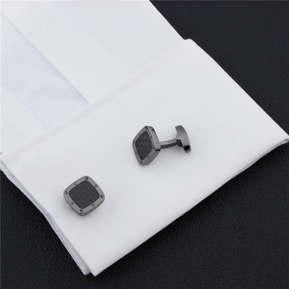 Classic Carbon Fiber Cufflinks Square Black Metal Cuff links Enamel Jewelry Cufflink for Mens Shirt