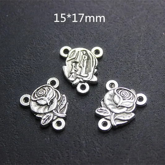 wholesale 100pcs/lot 15*17mm Antique silver metal catholic rose flower centerpiece for DIY rosary jewelry accessory,CP012