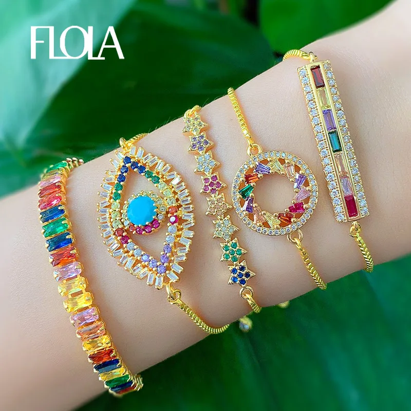 FLOLA Turkish Evil Eye Bracelet For Women Gold Plated Eye CZ Bar Rainbow Bracelet Rainbow Jewelry pulseras mujer moda brtb56