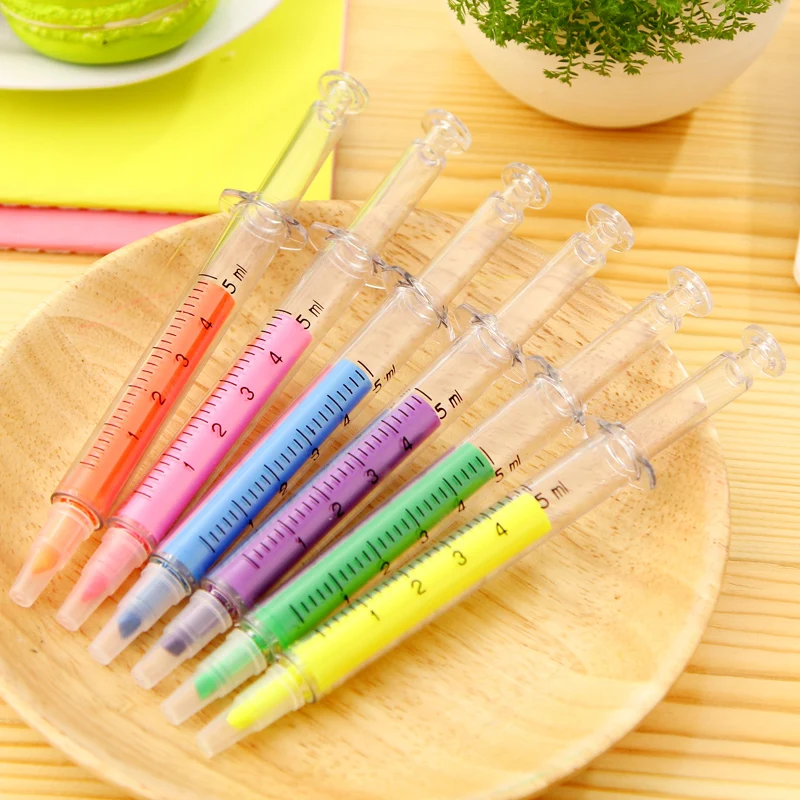 6 Pcs / Pack, New Novelty Highlighter Pen Stationery Syringe Highlighter Fluorescent Needle Tube Watercolor Nite Writer Pen