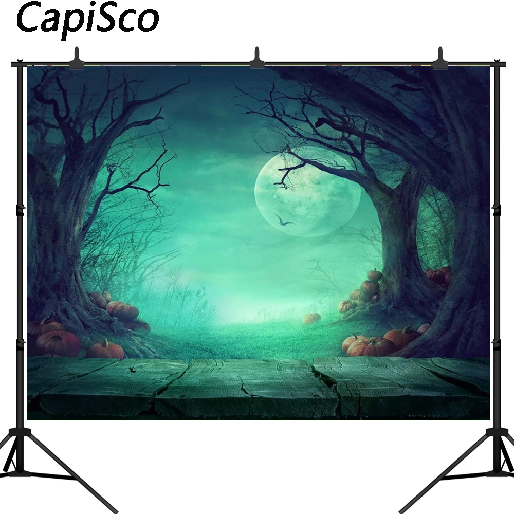 Capisco Seamless Photography Backdrops Halloween Wood Floor Photo Backdrop Moon Ghost Tree Pumpkin Wood Floor Halloween Backgrou