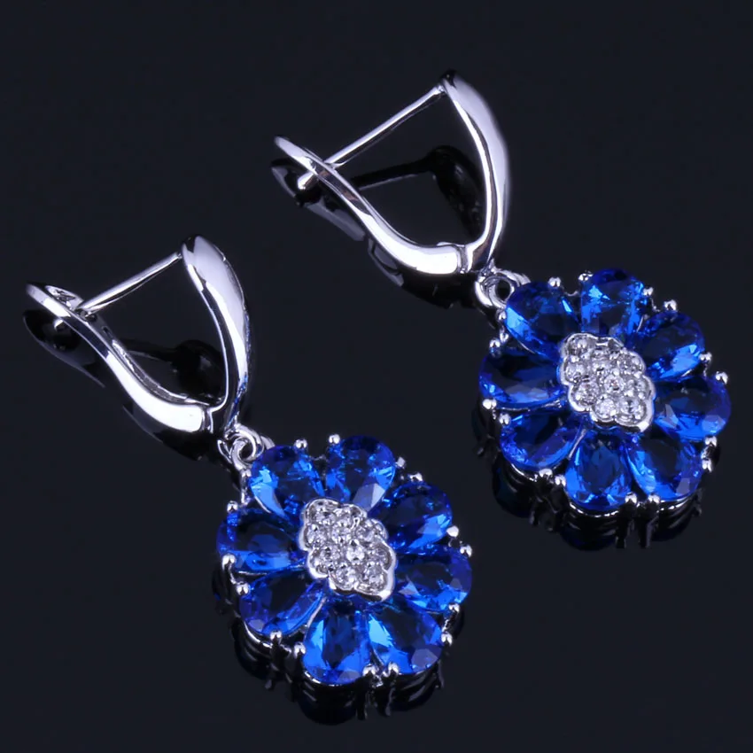 Superb Oval Blue Cubic Zirconia White CZ Silver Plated Drop Dangle Earrings V0760