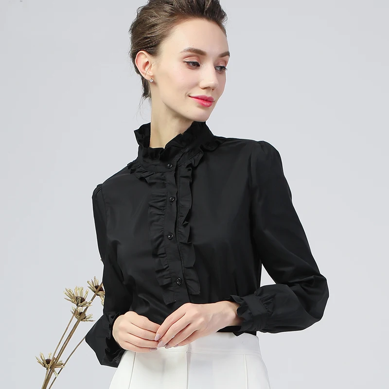 Women White Blouse Ruffled Stand Collar Long Sleeve Button-down Cotton Shirt Loose Plus Size S-4XL Elegant Office Blouses Tops