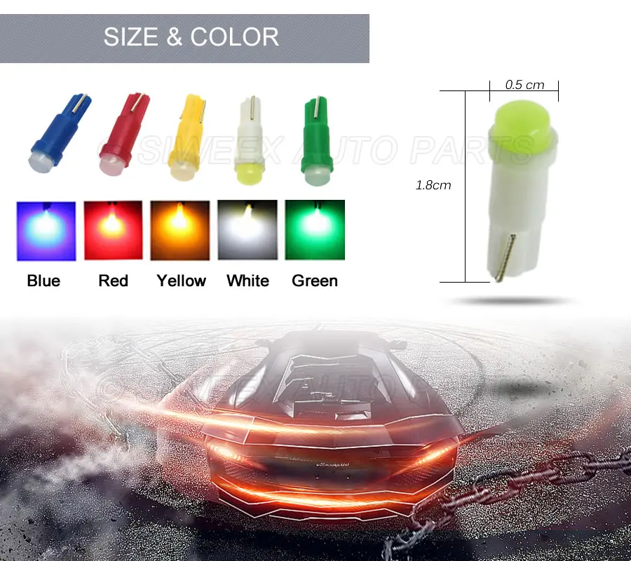 40 Pcs T5 LED Ceramic Dashboard Gauge Instrument Car Auto Side Wedge Light Lamp Bulb Red Green Yellow Blue White DC 12V