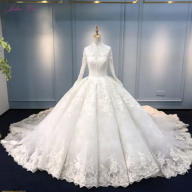 Julia Kui Customize Made Embroidery Lace Ball Gown Wedding Dress Beading Appliques High Collar Bridal Skirt Vestido De Novia