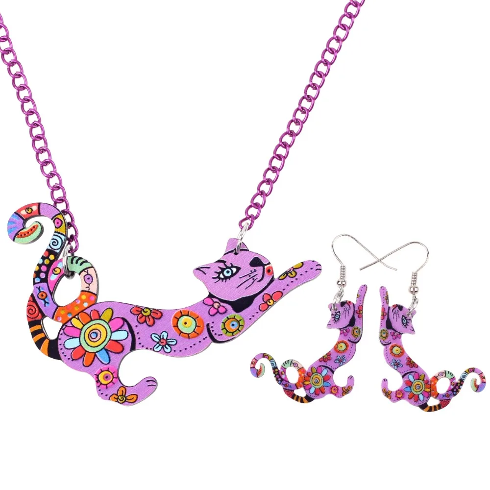 Bonsny Brand Jewelry Sets Acrylic Animal Cat Necklace Earrings Choker Collar Fashion Jewelry New Spring Women Girl Gift