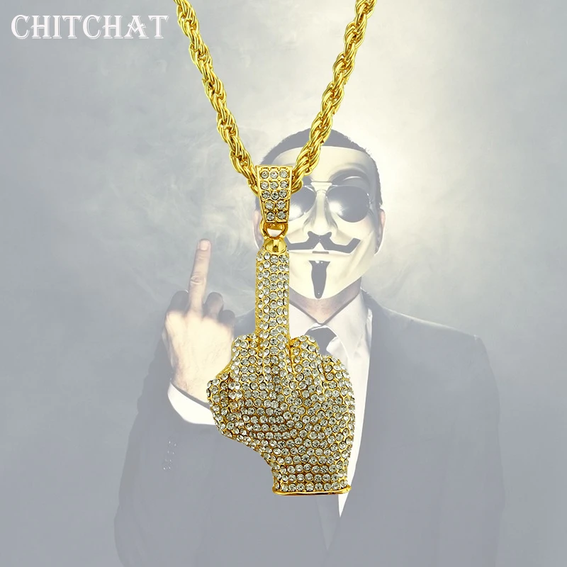 Full Rhinestone Iced Out Big Middle Finger Pendants Necklaces Hip Hop Men Women Gold Color Vogue Jewelry For Rocker