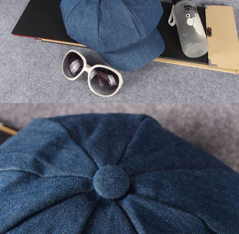 HT1618 Westlichen Stil Männer Frauen Kappen Hüte Casual Solide Denim Flache Kappen Maler Künstler Achteckige Baskenmütze Kappen Retro Berets – Detail 10