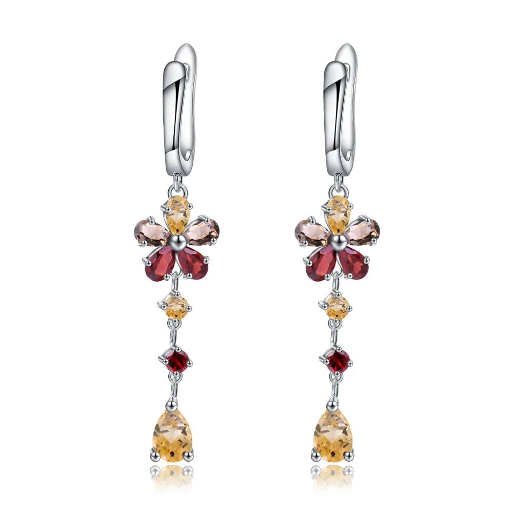 

GEM'S BALLET 925 Sterling Silver Flower Long Earrings for Women Natural Garnet Citrine Gemstone Drop Earrings Real Fine Jewelry