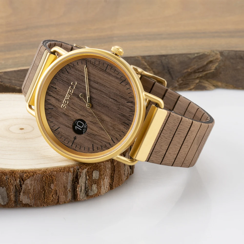 Bewell – montre à Quartz pour hommes et femmes, bracelet en cuir et bois, à la mode