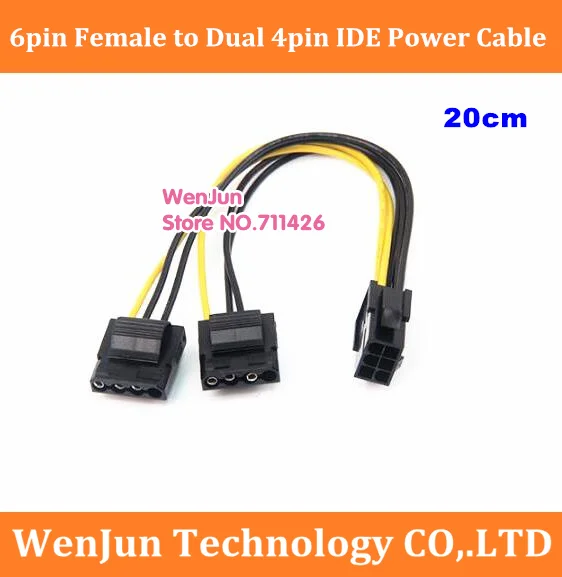 

20cm PCI-E 6pin Female 2 IDE Dual 4pin Molex IDE female Power Cable Adapter Connector for video cards 2pcs/lot