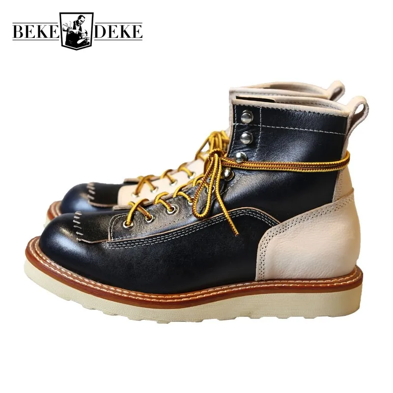 New Japanese Retro Patchwork Genuine Leather  Boots Men Round Toe Lace Up Motorcycle Ankle Boots Casual Men Leather Shoes