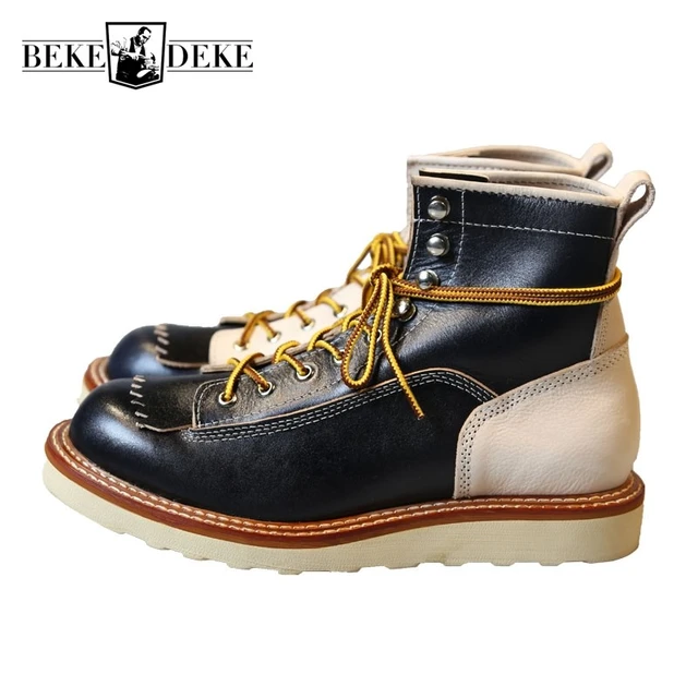 Men s New Japanese Retro Patchwork Lace Up Motorcycle Ankle Boots