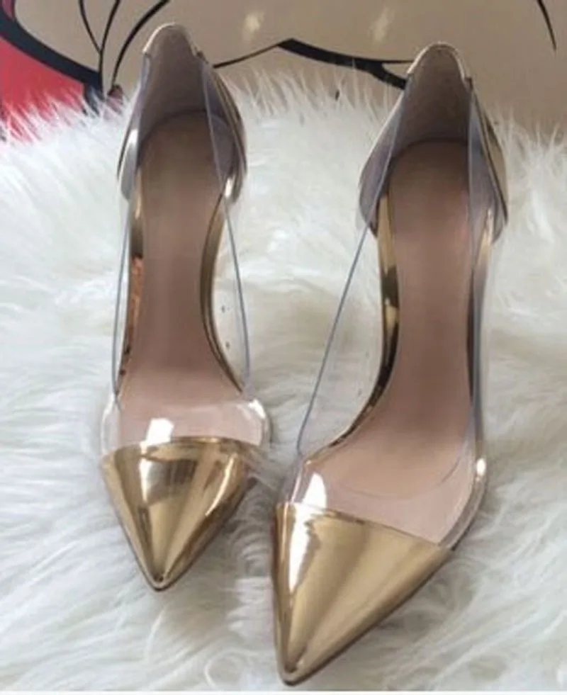 Sexy Clear PVC Patchwork Stiletto High Heels Pumps Pointed toe Woman Transparent Spring Single shoes Party High-heeled Shoes