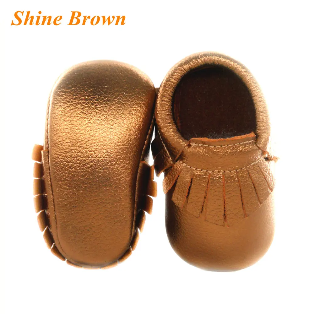 Shine Pink Genuine Leather Baby moccasins Soft Rose gold Baby girl shoes First Walkers infant Fringe Shoes 0-30 month 16 color