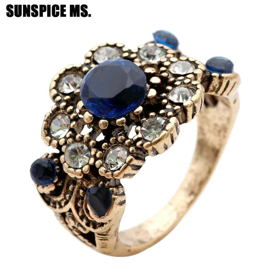 SUNSPICE MS. Turkey Rings For Women Hollow Vintage Wedding Ring Jewelry Ancient Gold Color Colorful Resin Stone Anillos Mujer