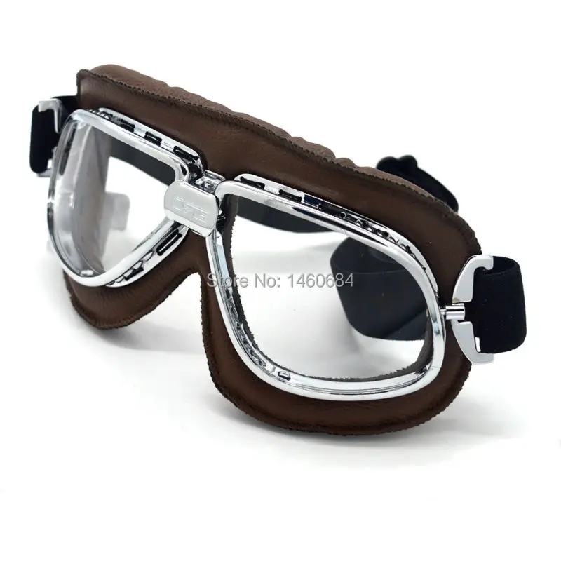 Evomosa WWII Vintage Style Motorcycle Goggles Motocross Cycling Glasses Brown PU Leather Retro Jet Helmet Eyewear