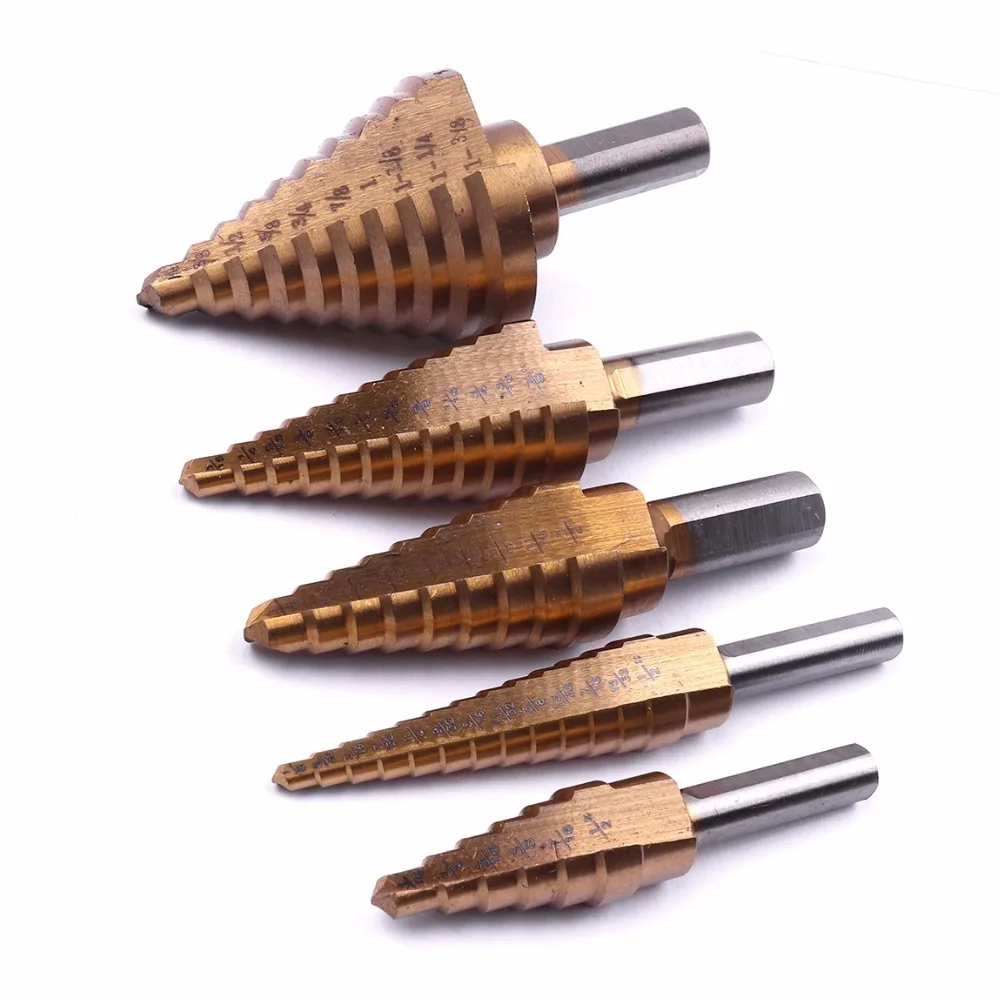 1PC Titanium Coated Step Drill Bit Hss Multiple Hole Triangle shank Step Drills 1/4-11/8 3/16-7/8 1/4-3/4 3/16-1/2 1/8-1/2 Inch