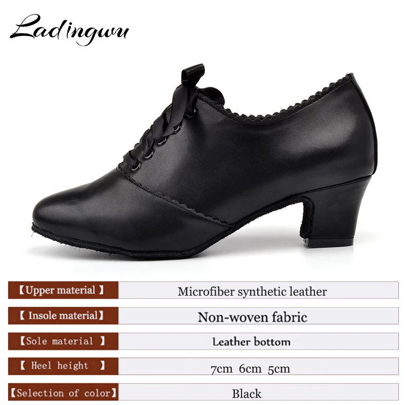 Ladingwu Black Latin Women Dance Shoes Microfiber Synthetic Leather Woman Closed Toe Ballroom Teacher Dance Shoes Heel 5/6/7cm