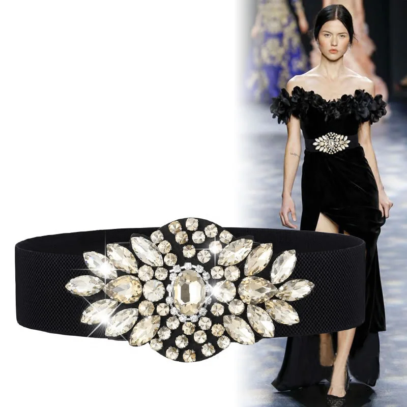 Rhinestone Elegant Ladies Belt Western Fashion Crystal Woman Waist Shaped Elastic Belt Girdle for Skirt Dress Waist Dp47