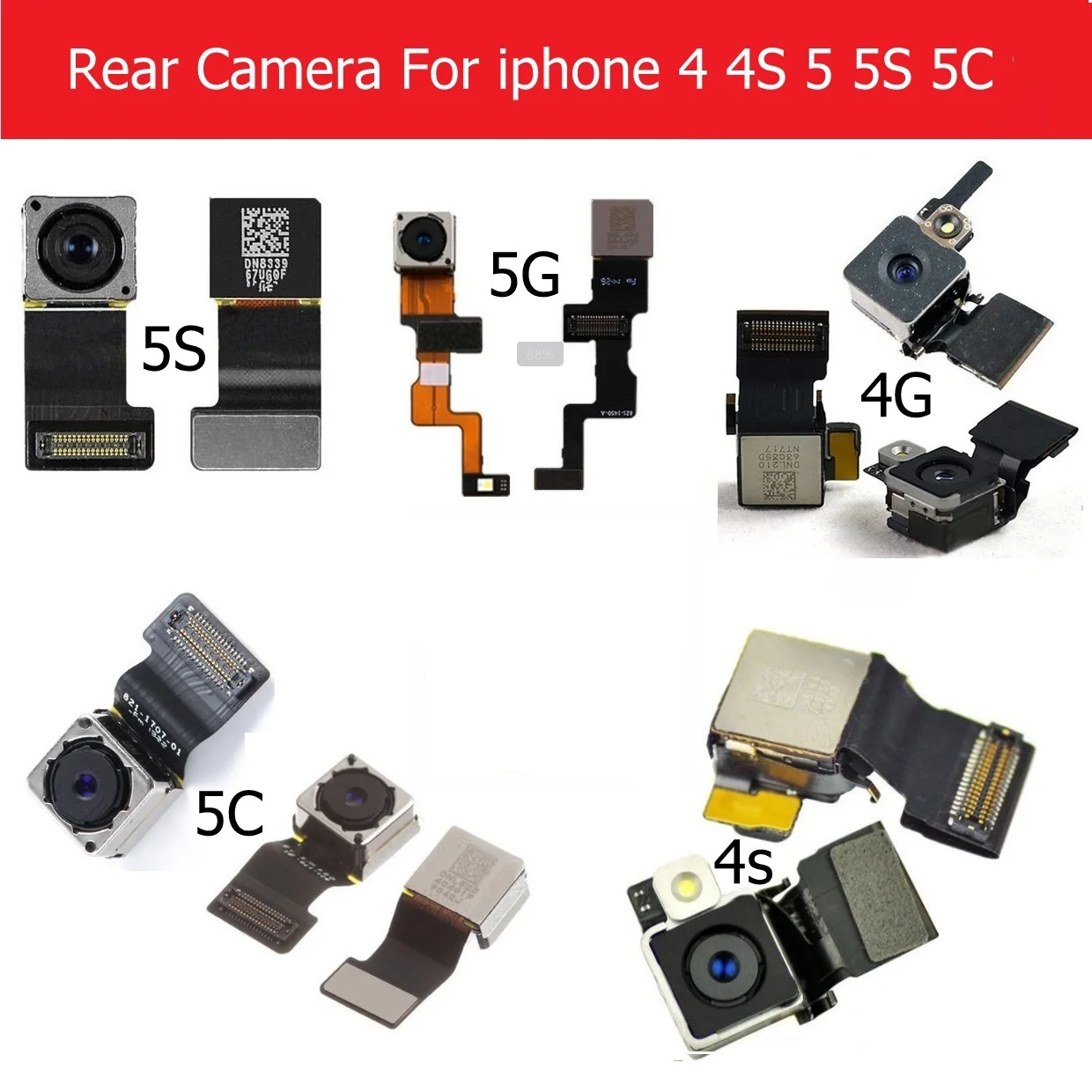 

Genuine main back camera for iphone 4 4s 5 5s 5c rear camera with flex cable facing model 100% tested cell phone parts