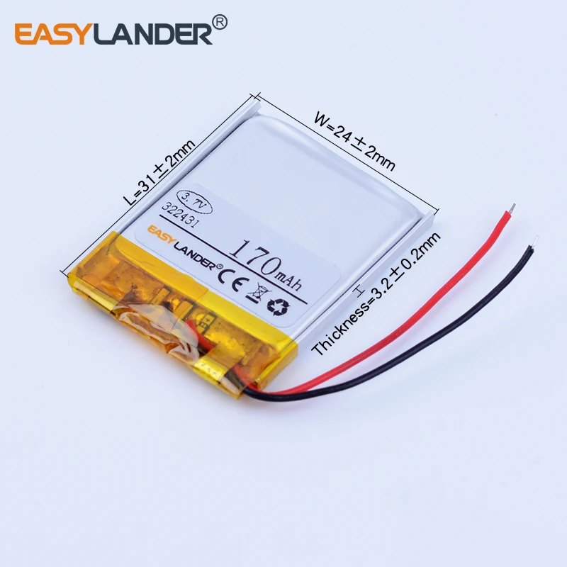 Bateria de li polímero recarregável, 322431 3.7v 170mah para mp3 mp4 mp5 nike sportwatch epano lp322431 dvr gps alto-falante b & k332430