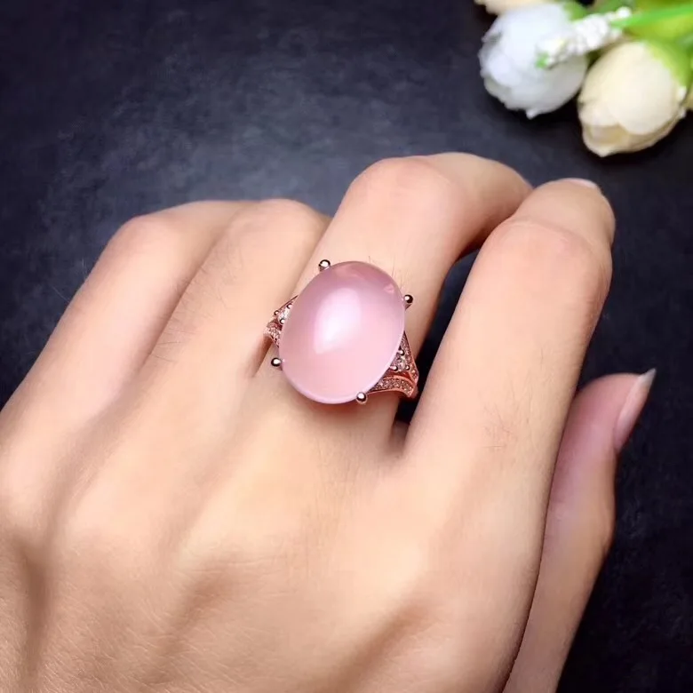 

Rose Quartz Ring 925 sterling silver inlaid Natural And Real Rose Quartz 12*16mm High quality For Men or Woman