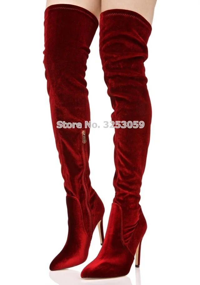 Mais novo vinho vermelho damasco veludo botas longas lindo dedo do pé apontado sobre o joelho botas longas coxa alta botas de festa botas de boate