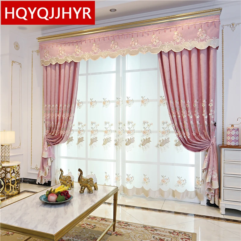 Pink 3D Embossed Embroidered Deluxe Villa Decorating Window Curtains for Living Room High Quality Chenille Curtains for Bedroom