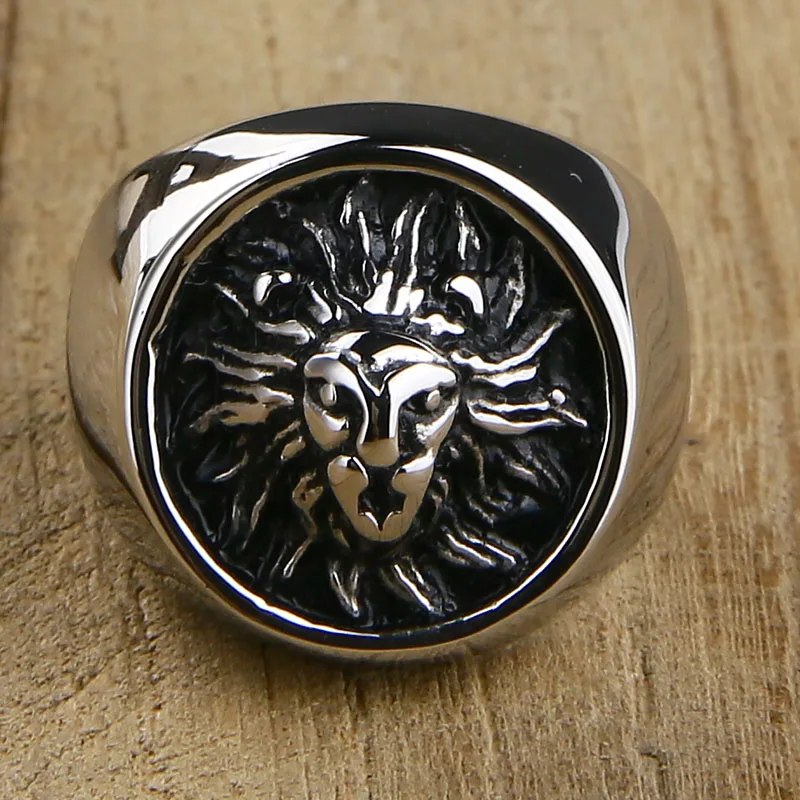 Valily Men Ring Punk Gold Lion Ring 316L Stainless steel Biker Round Animal Jewelry Party Power Design