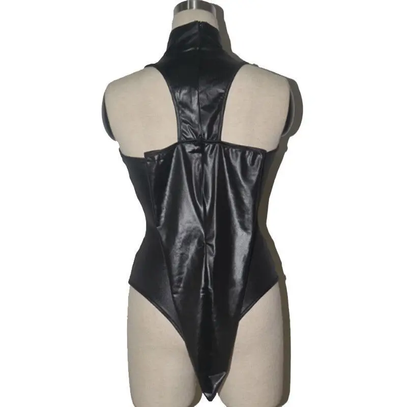 Women Sexy Wet Look High Collar Leotard with Arm Restraint Sheath Catsuit Fetish Role Play Costume Plus Size