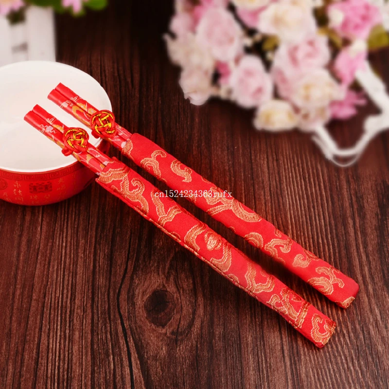 200 Pair Wood Chinese Chopsticks Printing Both the Double Happiness and Dragon,Red Wooden Chopstic Wedding Favor