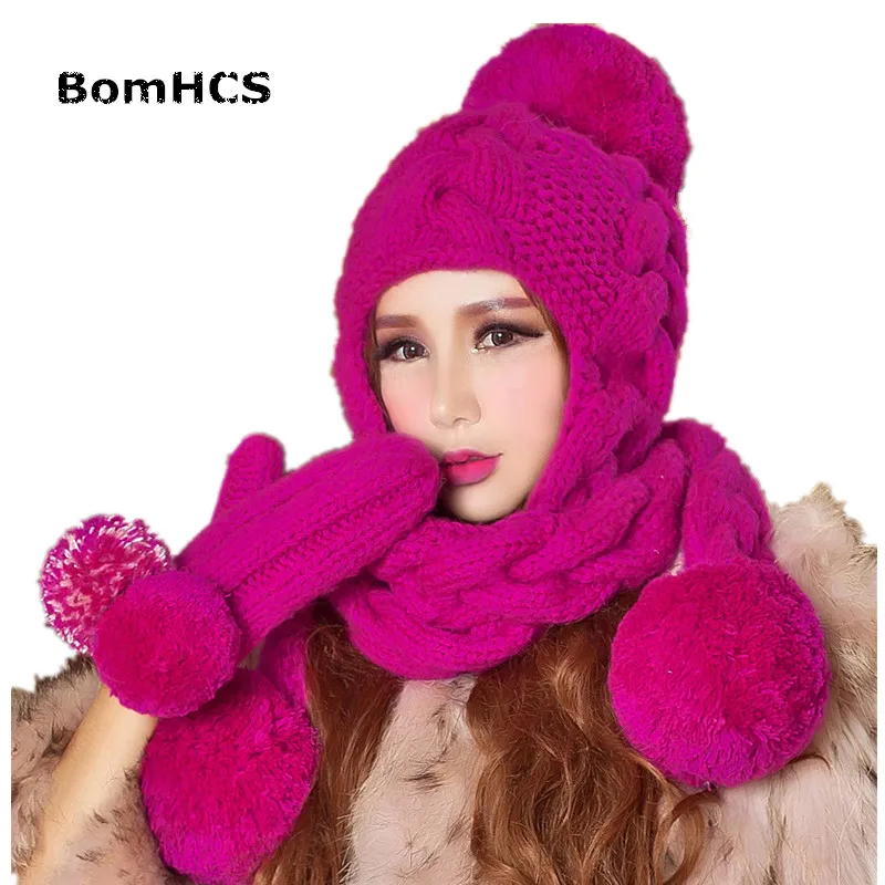 BomHCS Large Warm Winter Scarf Beanie & Gloves (2PCS)100% Handmade Women\'s Beautiful Rose Knit Neckerchief Hat Mittens Gift