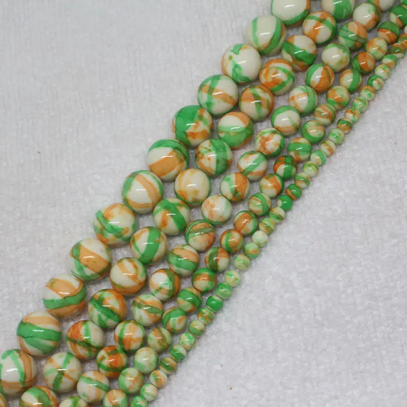 Mini. Order is $7! 4-12mm Green Orange Stripe Snow jades stones Jaspers Round DIY Jewelry Making Loose Beads 15