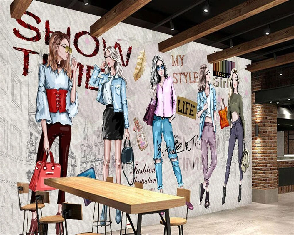 

Custom 3d Wallpaper cosmetics clothing shop hand-painted fashion girls' work clothes Background self-adhesive material Murals