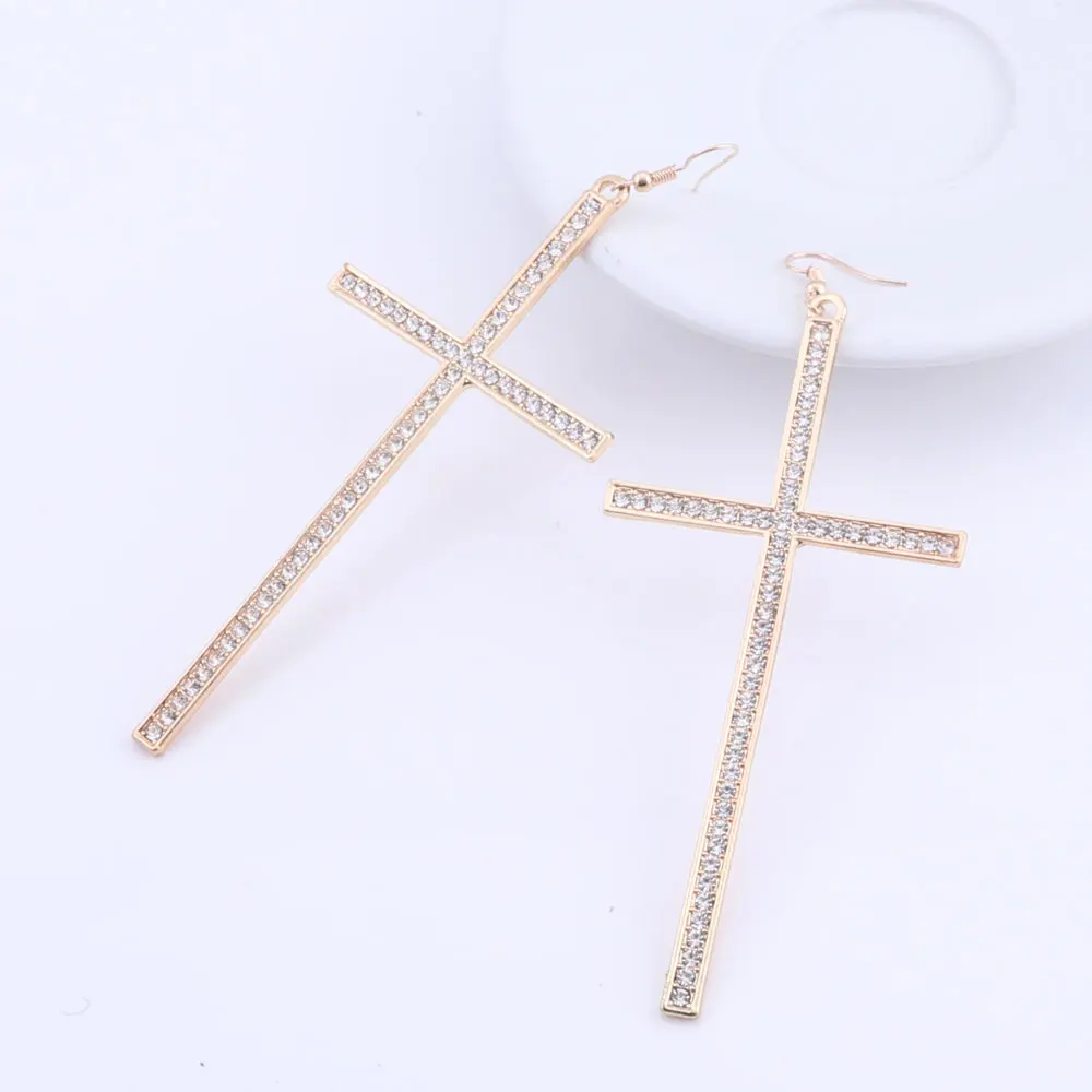 Hip Hop Big Gold/Silver Color Rhinestone Cross Dangle Earrings Fashion Crystal Cross Earrings