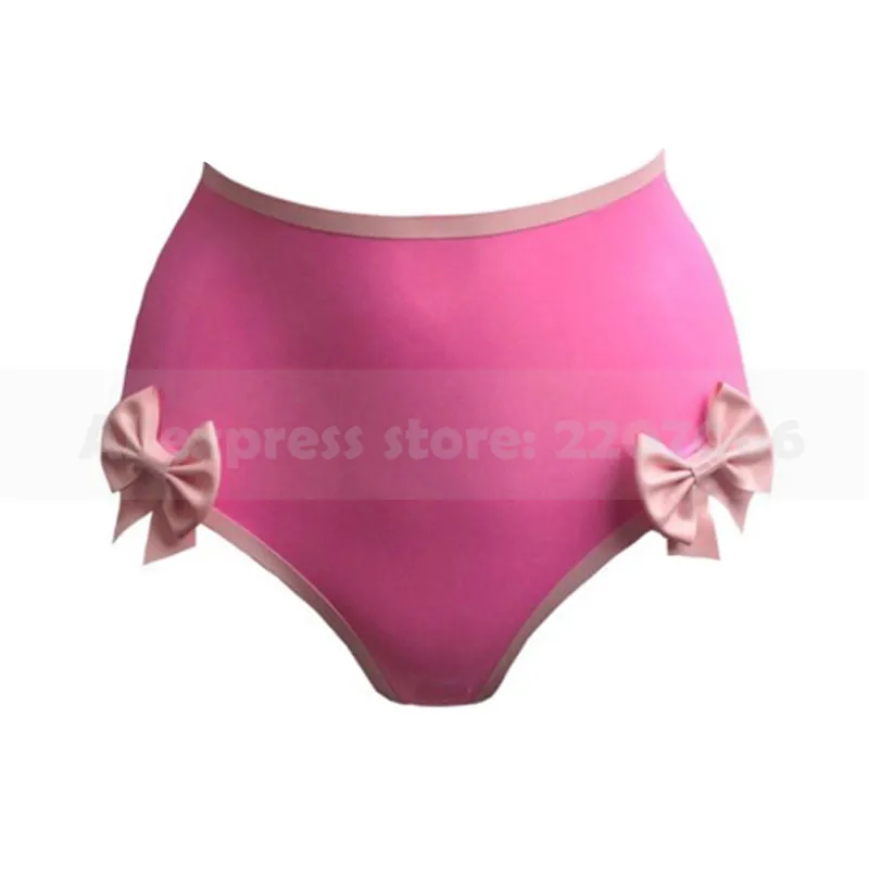 

Sexy Pink Women Latex Rubber Shorts Cute Panties Knickers With Bow-knots Plus Size XXXL Handmade RPW066