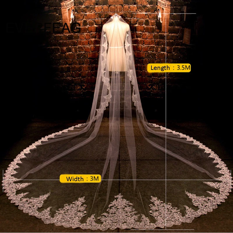 3.5 Meter Lange Bruiloft Sluier Wit/Ivoor Lace Edge Bruiloft Accessoires Voile Mariage Kathedraal Bridal Veils Velo De Novia