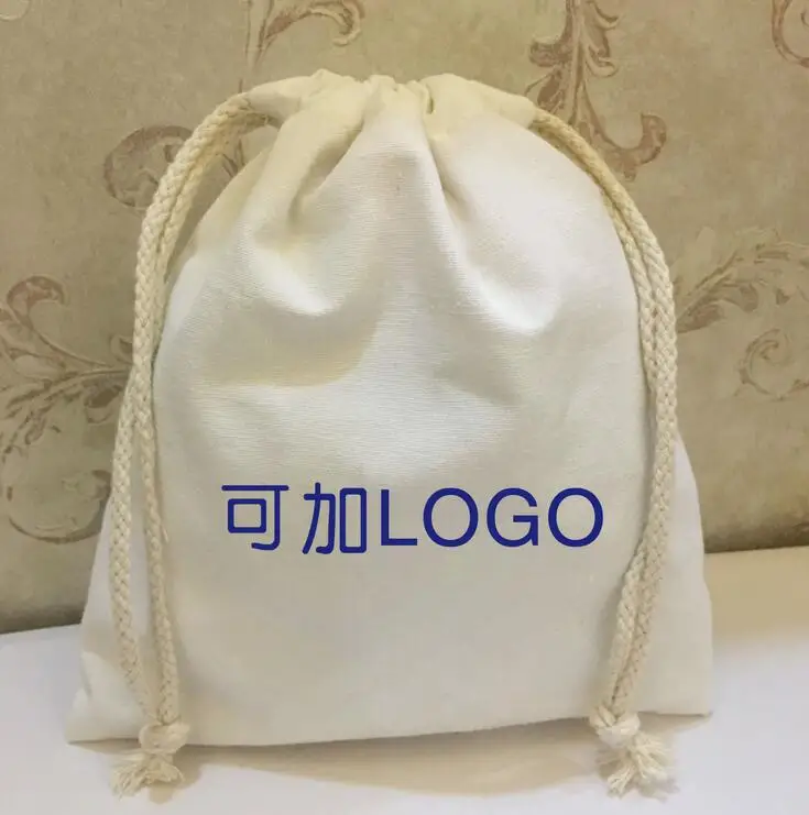 Customized logo printing organic cotton linen drawstring bag with customized rope