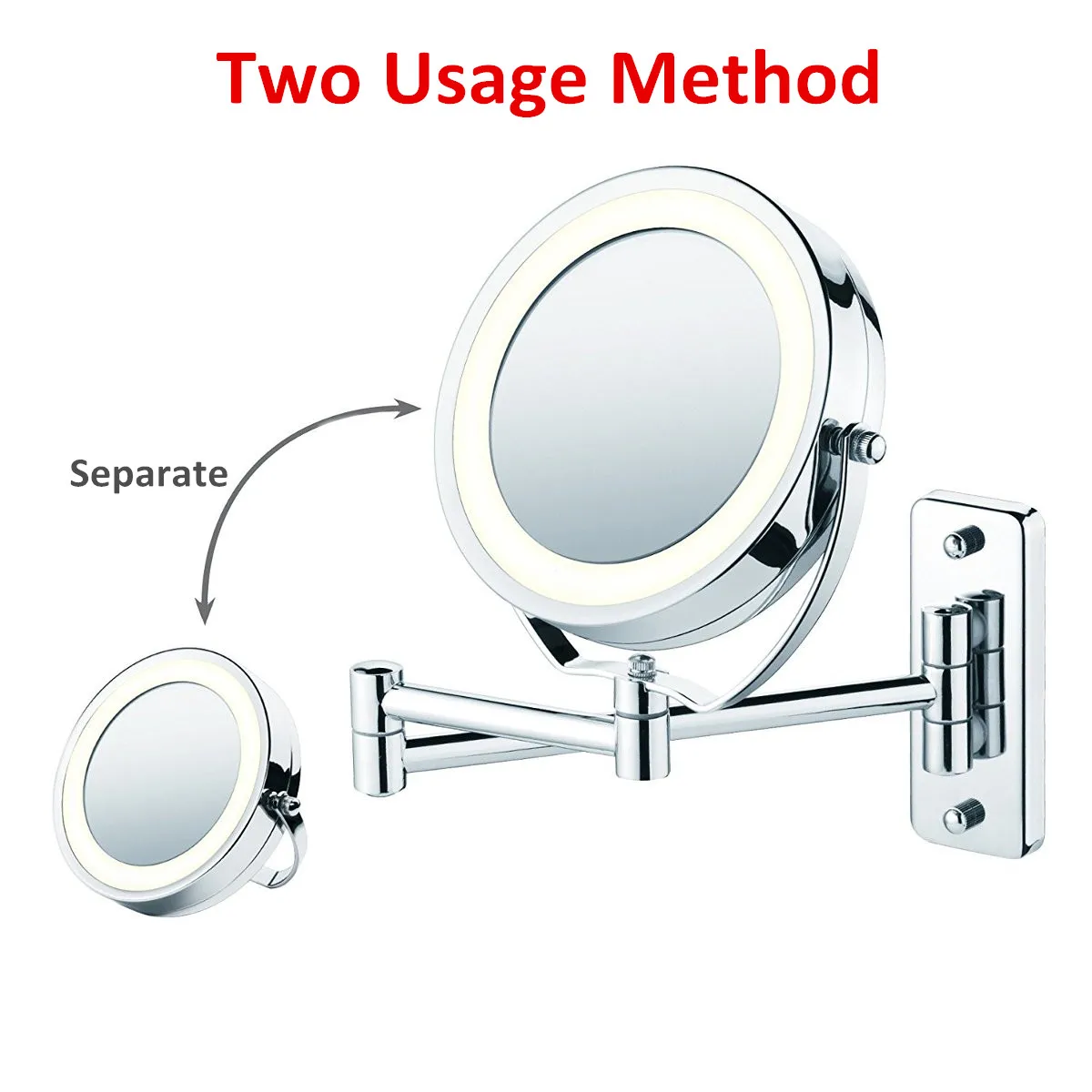 6 Inch 1X / 7X Double Side Bathroom Shaving Mirror Led Cosmetic Makeup Mirror Adjustable Wall Mounted Dual Arm Extend