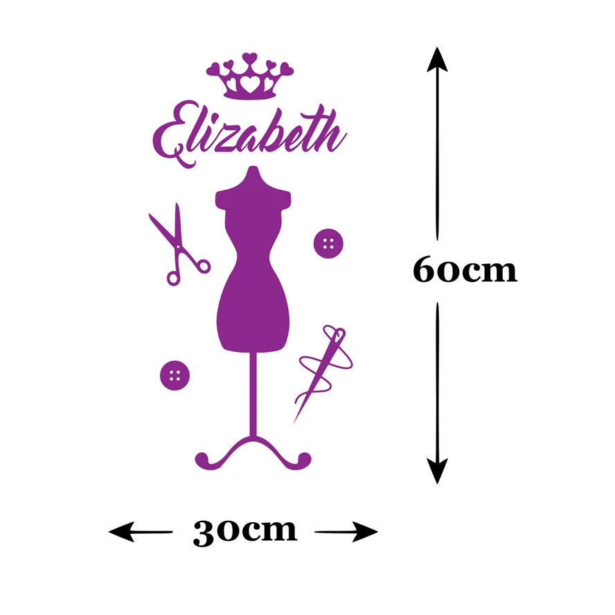 Fashion Wall Decals Girls Personalised Mannequin Crown Sewing Any Name Vinyl Wall Sticker Decal Home Door Decoration Mural S165
