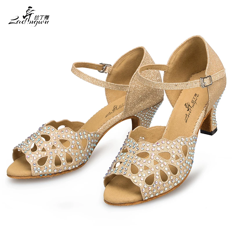 Ladingwu 2018 New Women's Latin Dance Shoes Flash Cloth Cut-Outs Design Collocation Shine Rhinestone Golden Salsa Ballroom Shoes