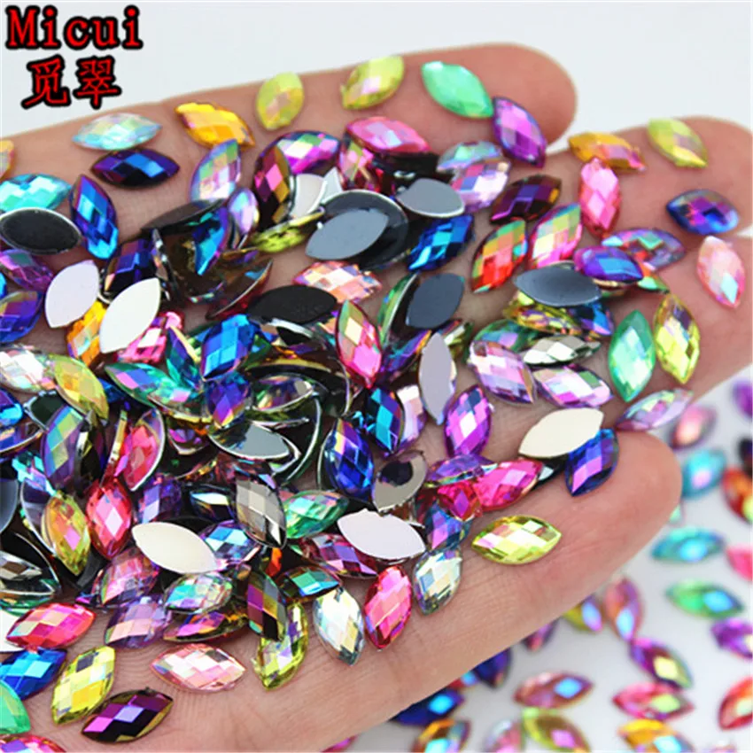 Micui 100PCS 5*10mm Crystal AB Acrylic Rhinestones Horse Eye Flat Back Nail Rhinestone 3D Non HotFix Nail Art Decoration MC366