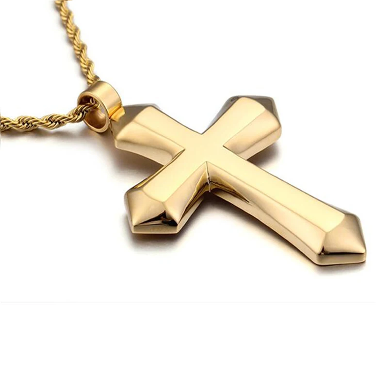 Boys MensPolished Big Cross Pendant Necklace Stainless Steel Twist Rope Chain Gold Silver Color Tone Cross Necklace  Jewelry