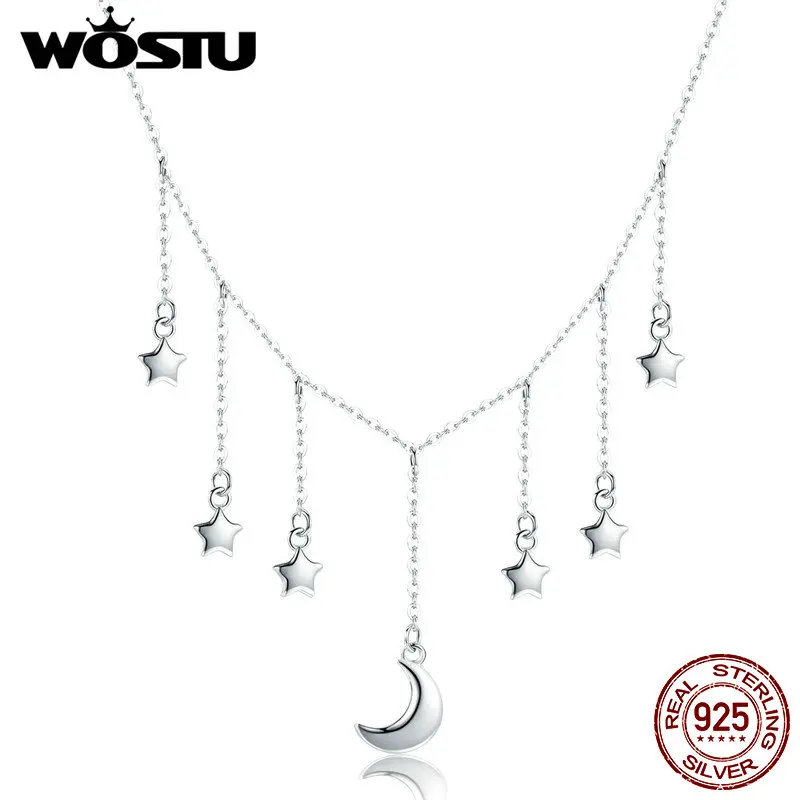 WOSTU Authentic 925 Sterling Silver Stars & Moon Chains Necklace For Women S925 Silver Brand Jewelry New Year Gift CQN301