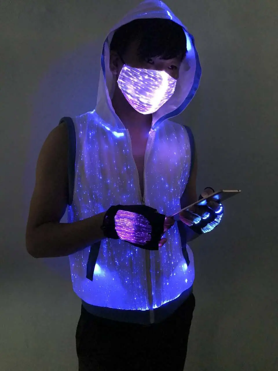 Luminous Cool Optic Fiber Dance Costume LED Dress Stage Performance DJ Nightclub Wear Prop With Mask Vest Jacket