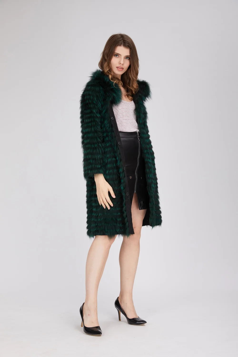 Women's Striped Real Silver Fox Fur Coat, Long Cardigen with Wool Lining, Big Size Clothes, Elegant Outwear, Spring, Lux18A09164