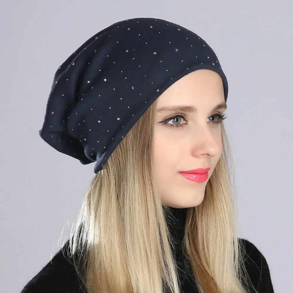 Geebro Women\'s Beanie Hat with Rhinestones Ladies Spring Plain Color Cotton Knitted Slouchy Beanies Bonnet Female Skull Beanie