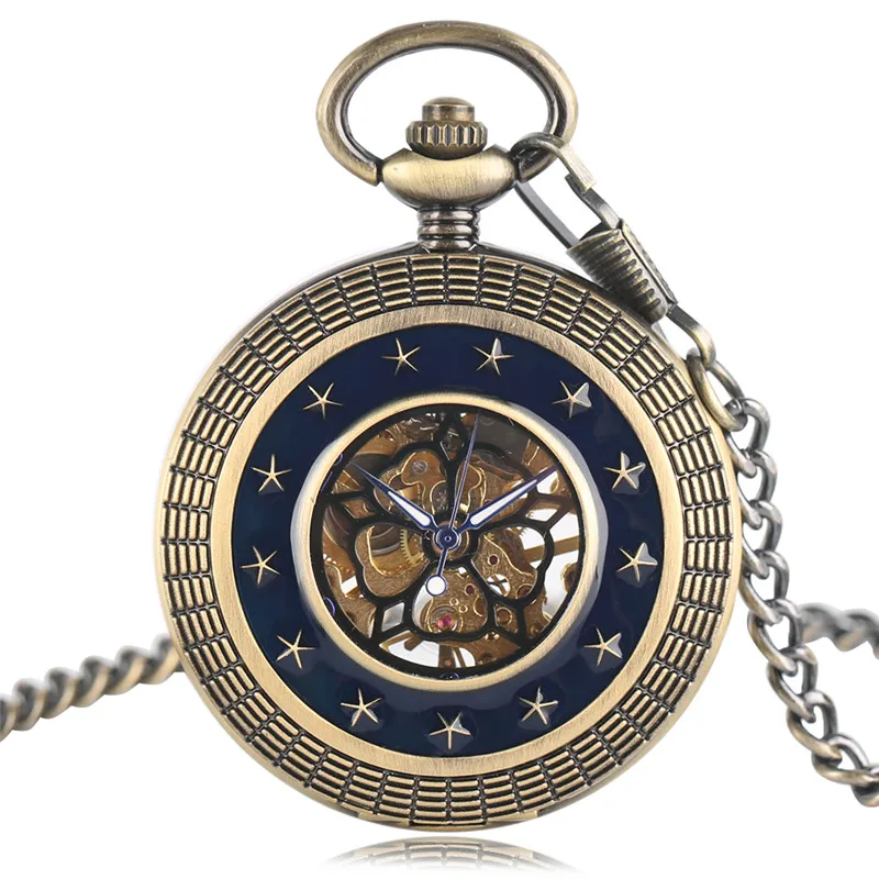 Mechanical Watches Japanese Movement Dark Blue Stars Style Vintage Fob Chain Pocket Watch Men's Women's Pendant with bag Gifts