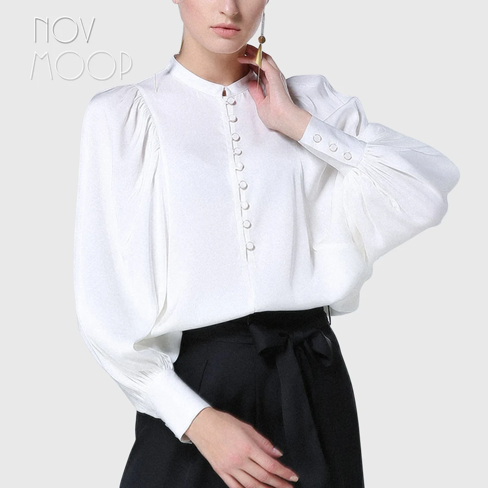 Women oversize natural silk tops blouses France palace white pink long lantern sleeve silk shirt camisa blusa feminina LT2095